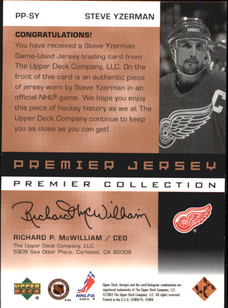 2002-03 UD Premier Collection Jerseys Bronze #SY Steve Yzerman back image