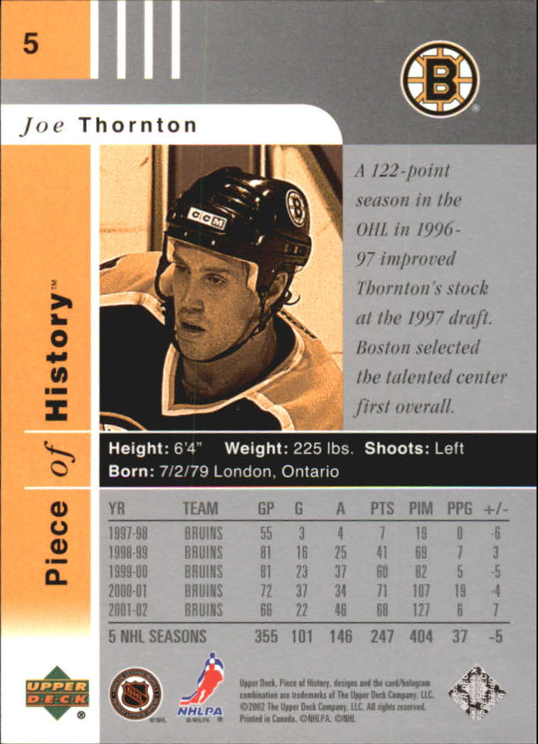 2002-03 UD Piece of History #5 Joe Thornton back image
