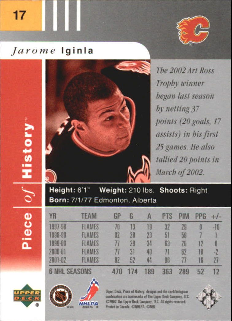 2002-03 UD Piece of History #17 Jarome Iginla back image