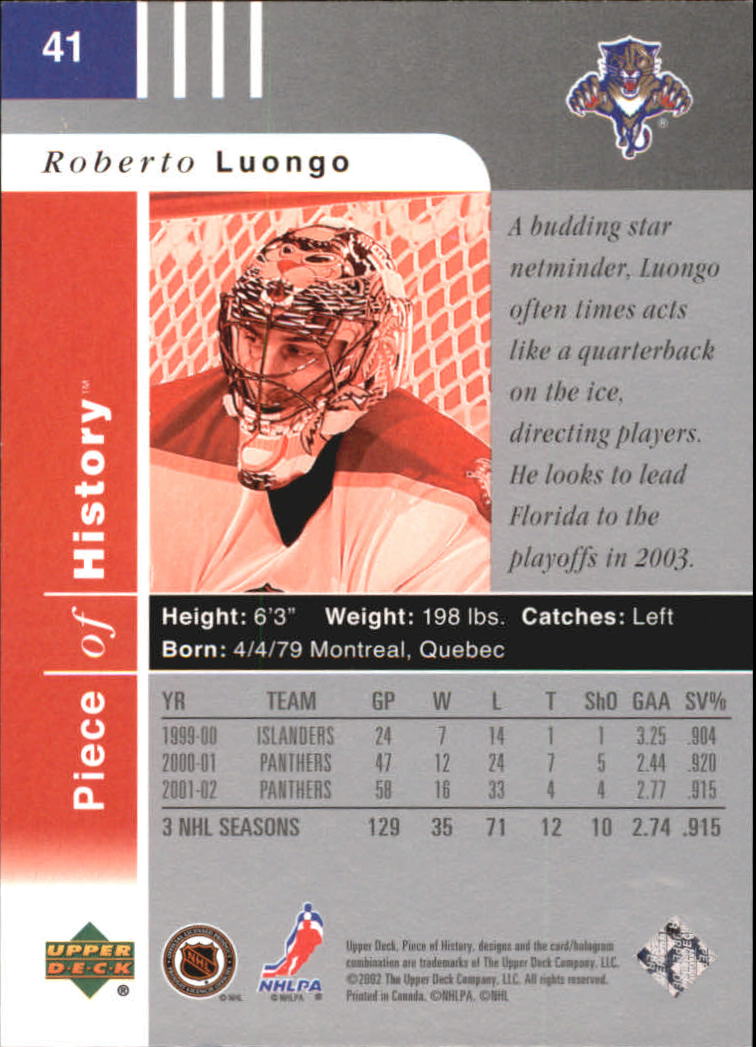 2002-03 UD Piece of History #41 Roberto Luongo back image
