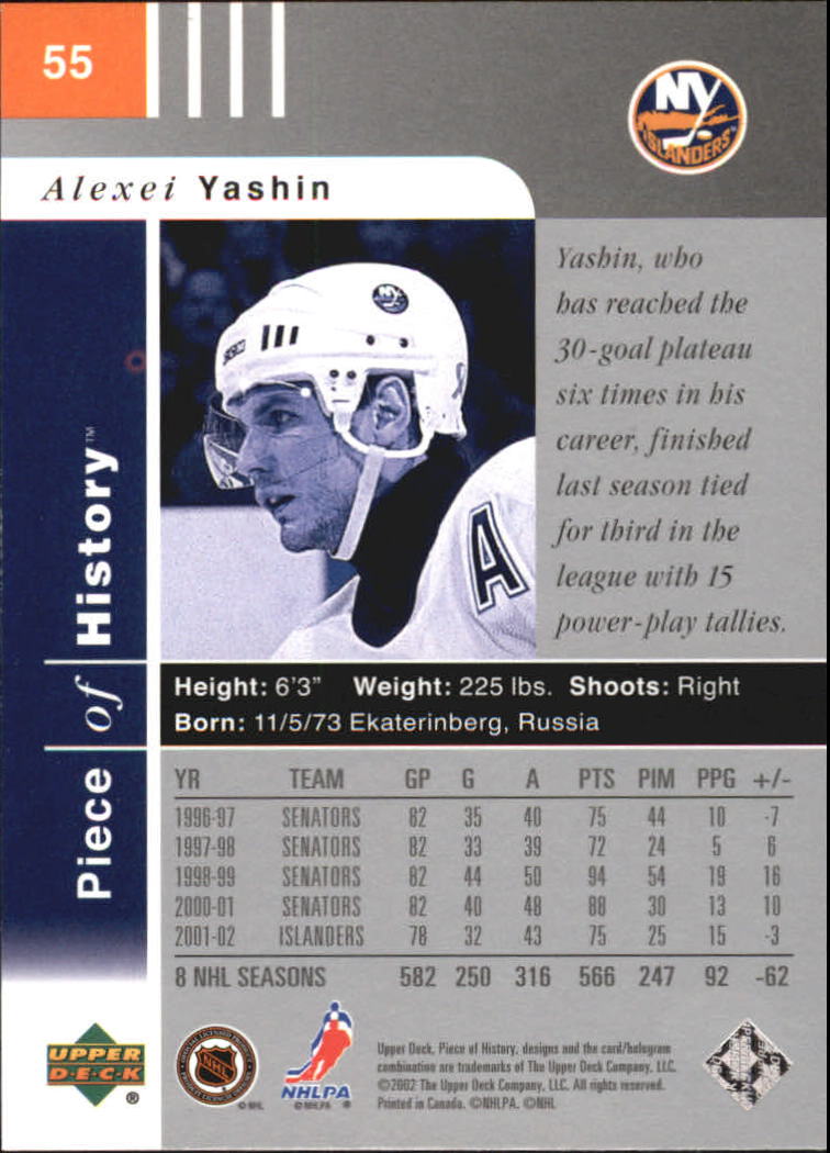 2002-03 UD Piece of History #55 Alexei Yashin back image