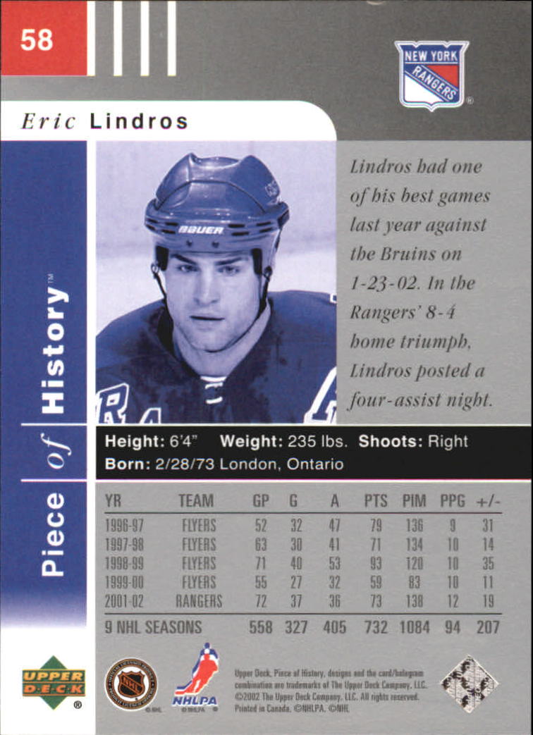 2002-03 UD Piece of History #58 Eric Lindros back image