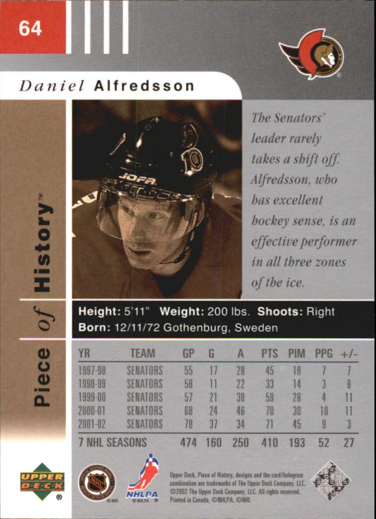 2002-03 UD Piece of History #64 Daniel Alfredsson back image