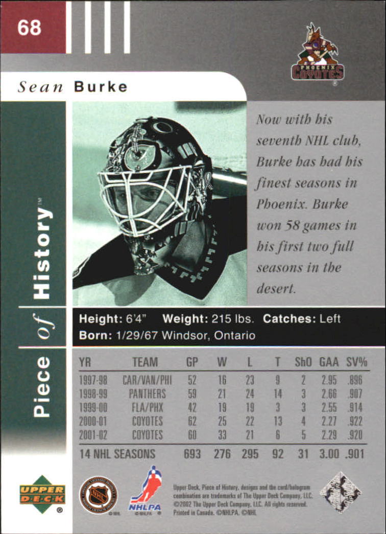 2002-03 UD Piece of History #68 Sean Burke back image