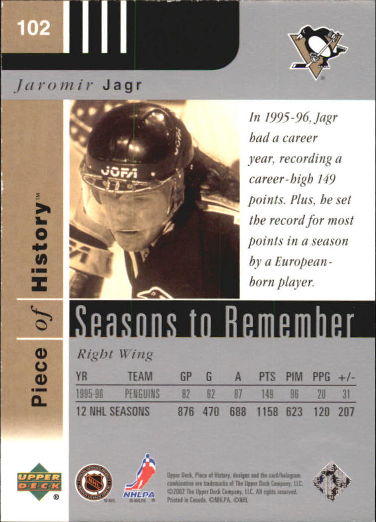 2002-03 UD Piece of History #102 Jaromir Jagr SR back image