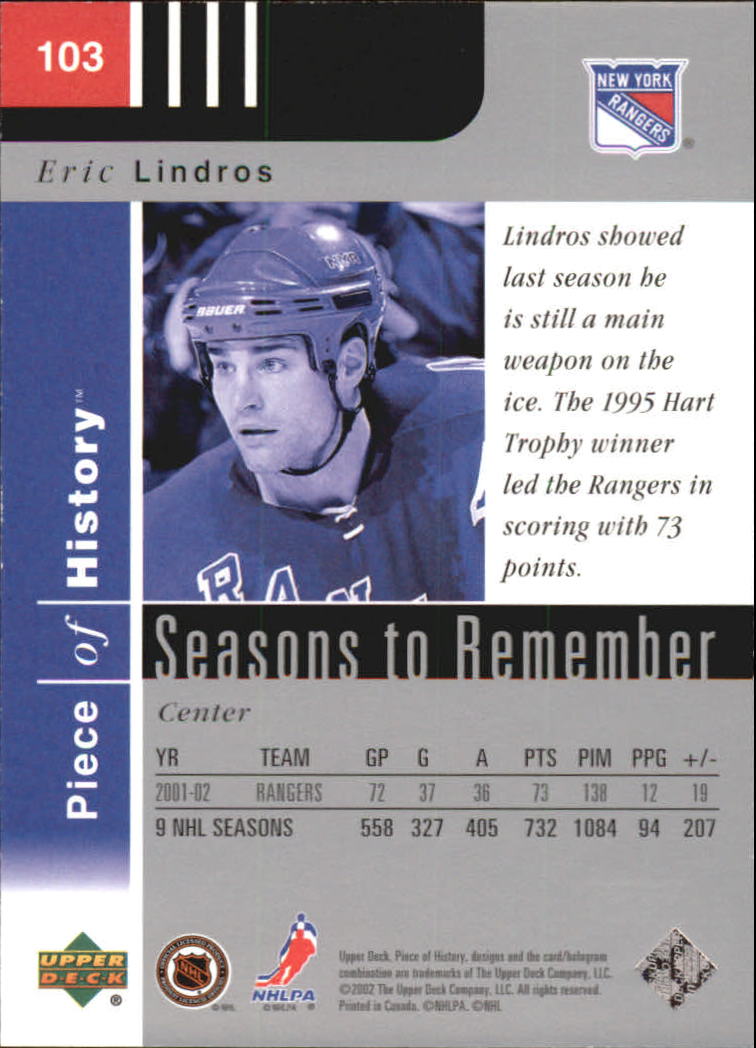 2002-03 UD Piece of History #103 Eric Lindros SR back image