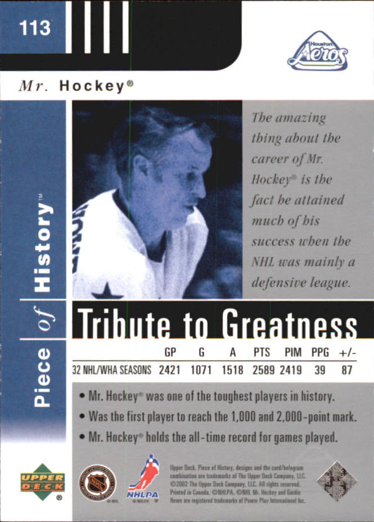 2002-03 UD Piece of History #113 Gordie Howe TG back image