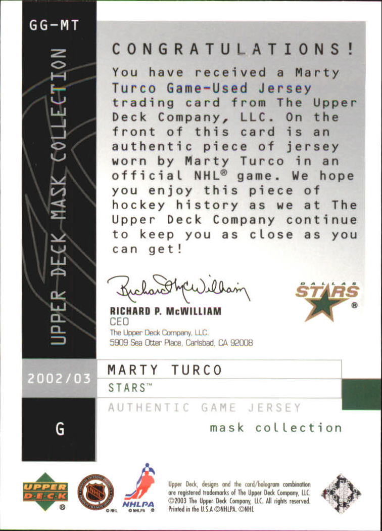 2002-03 UD Mask Collection Great Gloves #GGMT Marty Turco back image