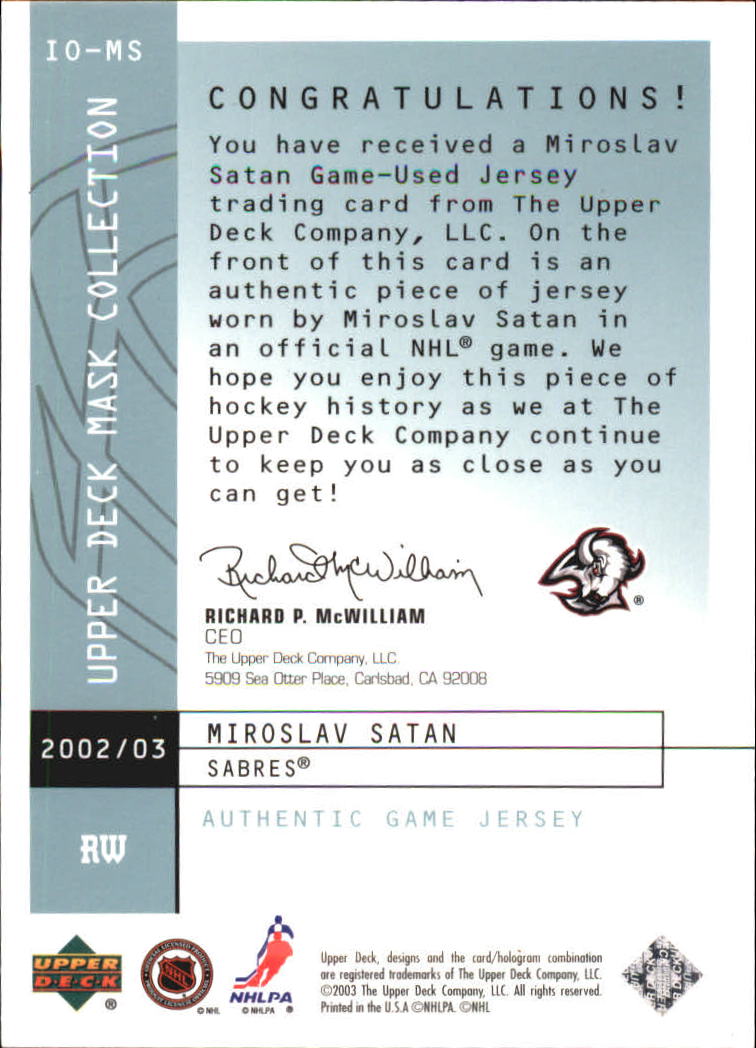 2002-03 UD Mask Collection Instant Offense Jerseys #IOMS Miroslav Satan back image