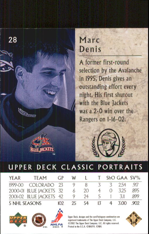 2002-03 Upper Deck Classic Portraits #28 Marc Denis back image