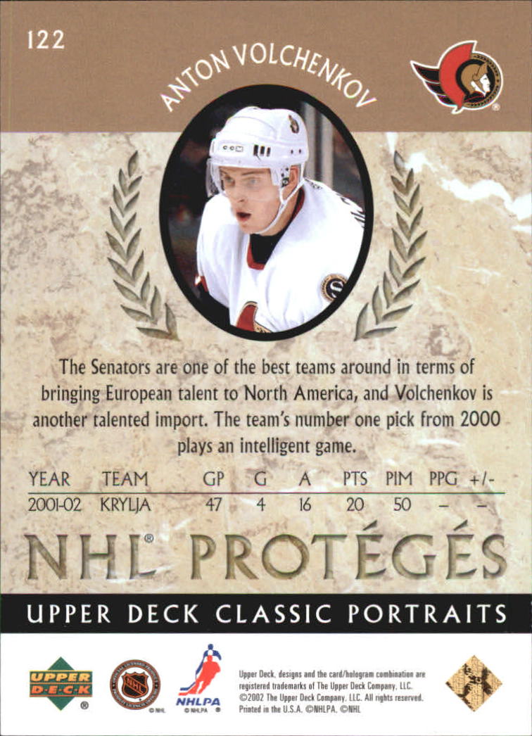 2002-03 Upper Deck Classic Portraits #122 Anton Volchenkov RC back image