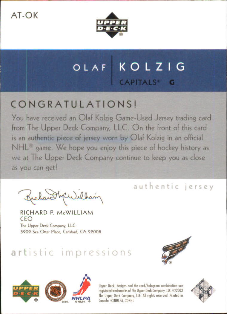 2002-03 UD Artistic Impressions Artist's Touch Jerseys #ATOK Olaf Kolzig back image