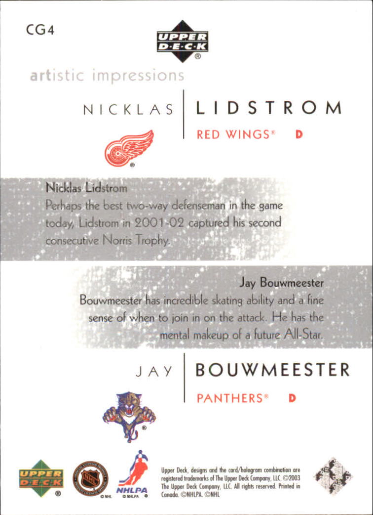 2002-03 UD Artistic Impressions Common Ground #CG4 Jay Bouwmeester/Nicklas Lidstrom back image