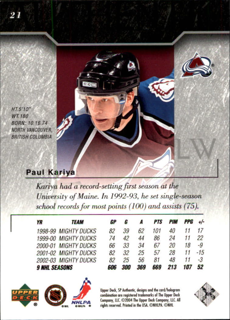 2003-04 SP Authentic #21 Paul Kariya back image