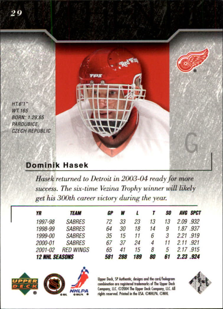 2003-04 SP Authentic #29 Dominik Hasek back image