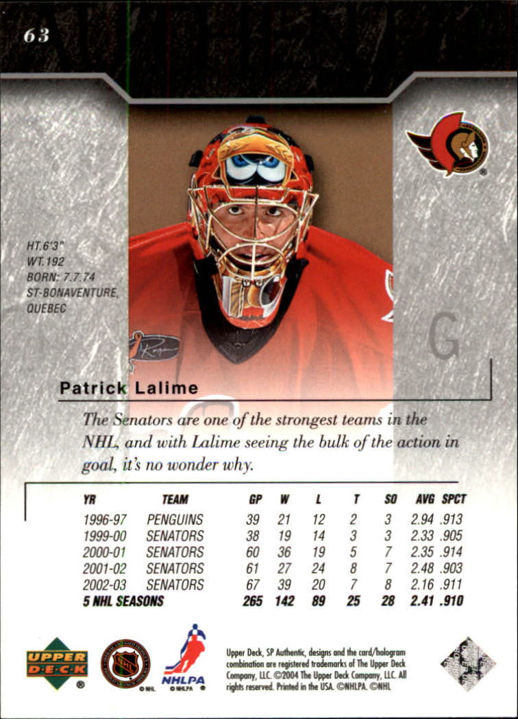 2003-04 SP Authentic #63 Patrick Lalime back image