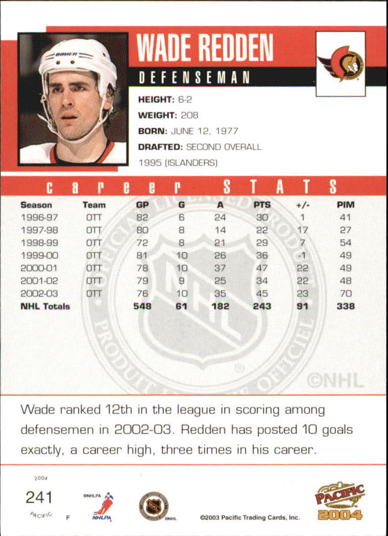 2003-04 Pacific Red #241 Wade Redden back image