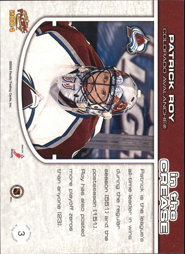 2003-04 Pacific In the Crease #3 Patrick Roy back image