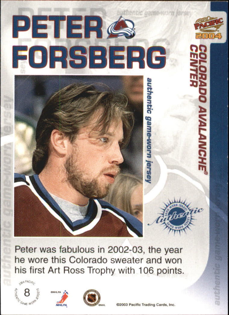 2003-04 Pacific Jerseys #8 Peter Forsberg back image