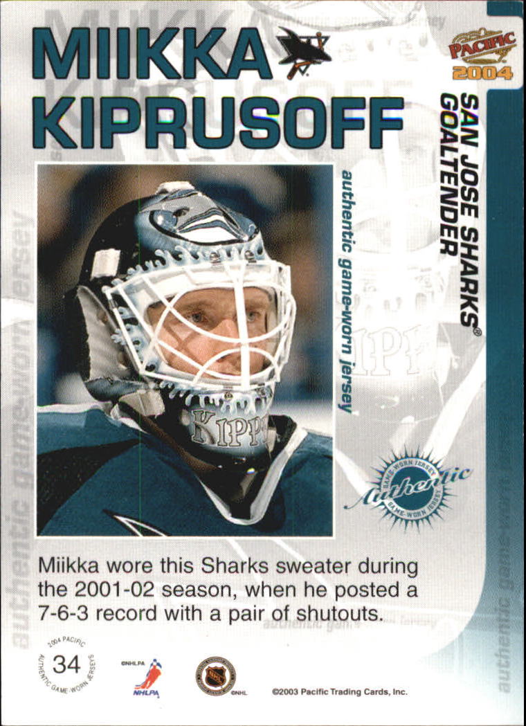 2003-04 Pacific Jerseys #34 Miikka Kiprusoff back image