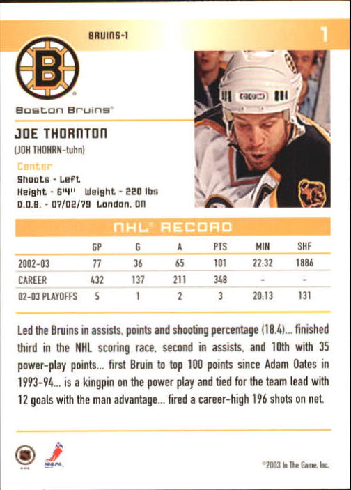 2003-04 ITG Action #1 Joe Thornton back image