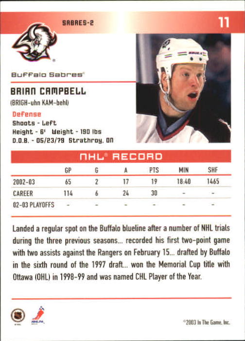 2003-04 ITG Action #11 Brian Campbell back image