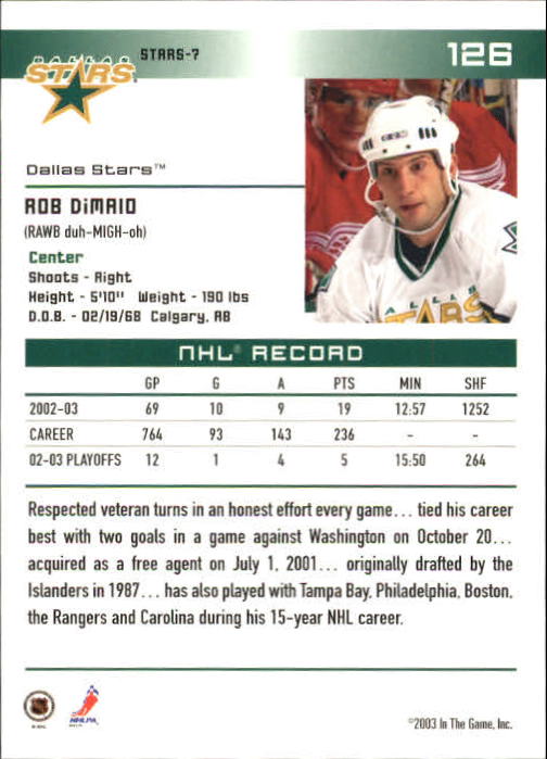 2003-04 ITG Action #126 Rob DiMaio back image