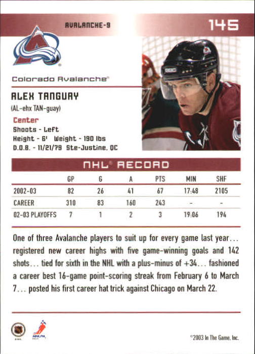 2003-04 ITG Action #145 Alex Tanguay back image