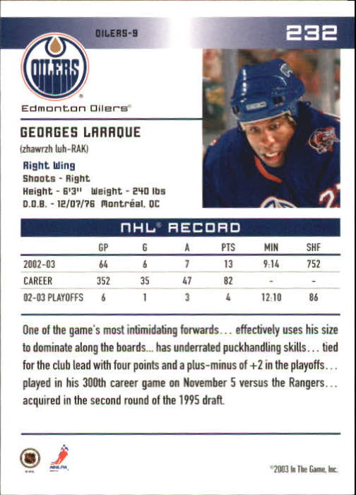 2003-04 ITG Action #232 Georges Laraque back image