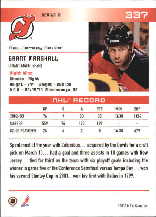 2003-04 ITG Action #337 Grant Marshall back image