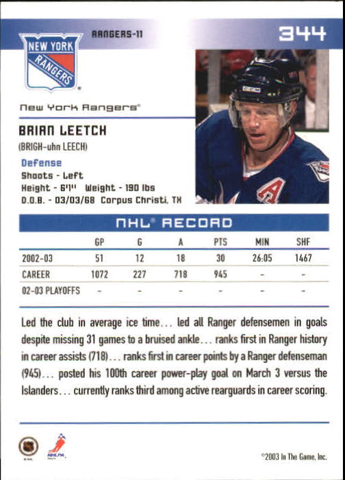 2003-04 ITG Action #344 Brian Leetch back image