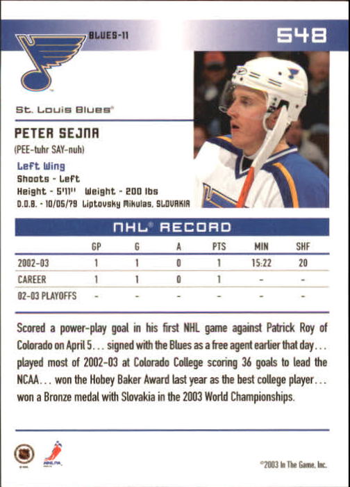 2003-04 ITG Action #548 Peter Sejna RC back image