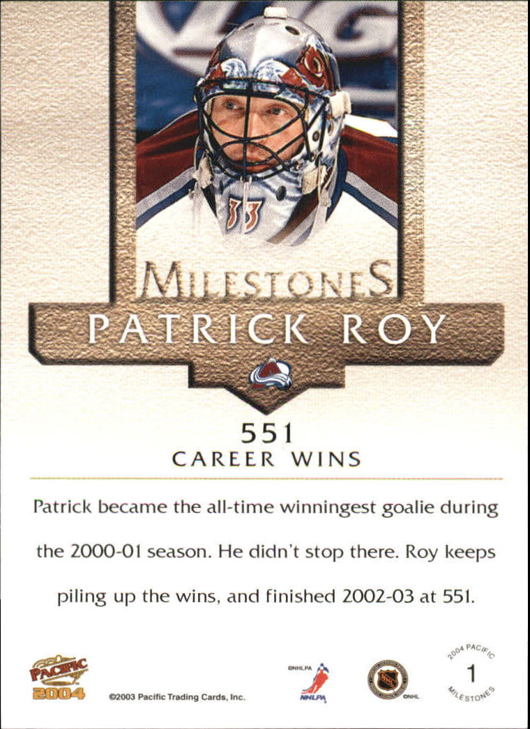 2003-04 Pacific Milestones #1 Patrick Roy back image
