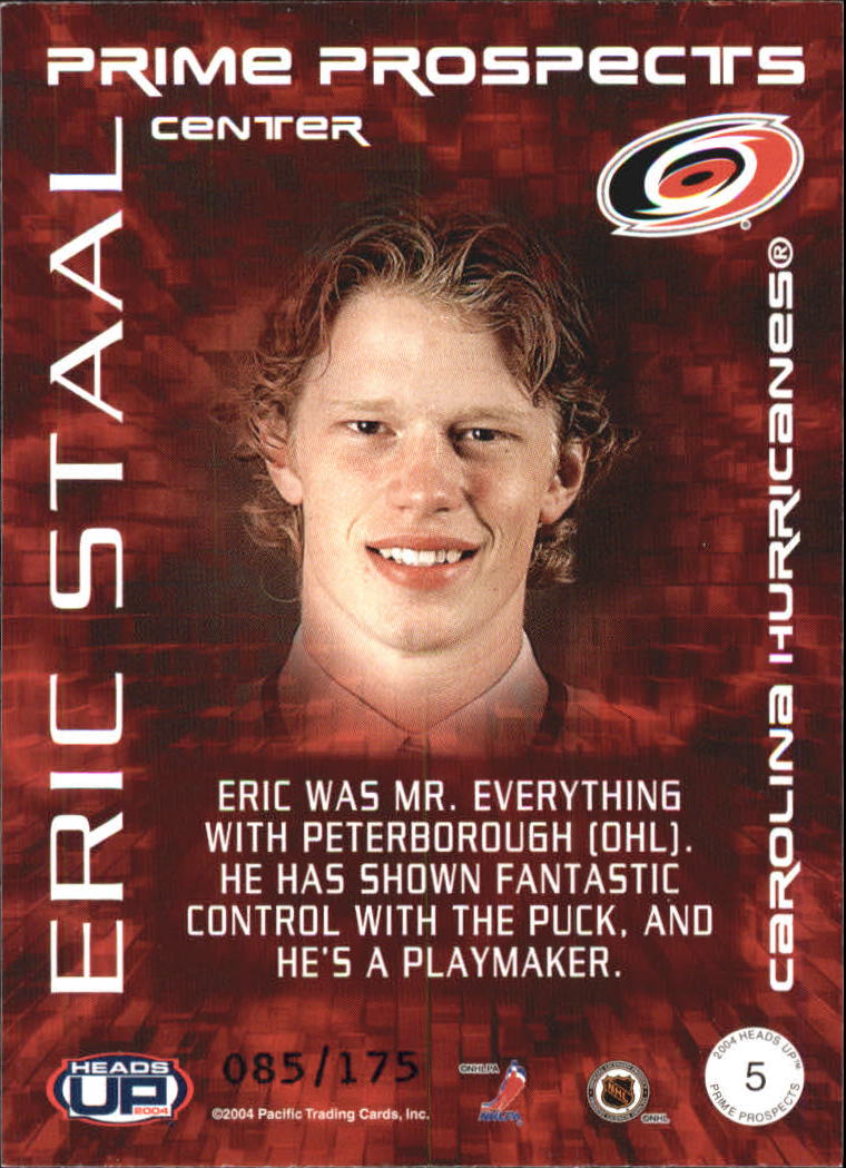 2003-04 Pacific Heads Up Prime Prospects LTD #5 Eric Staal back image