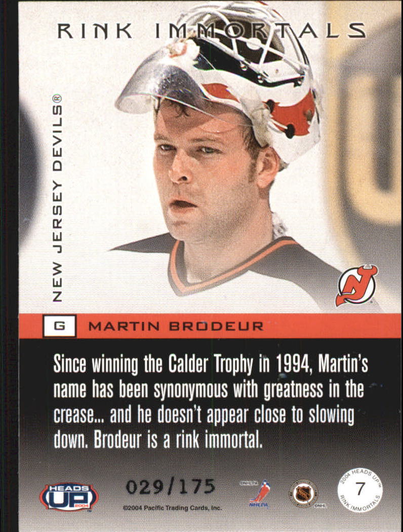 2003-04 Pacific Heads Up Rink Immortals LTD #7 Martin Brodeur back image