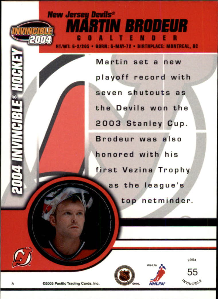 2003-04 Pacific Invincible #55 Martin Brodeur back image