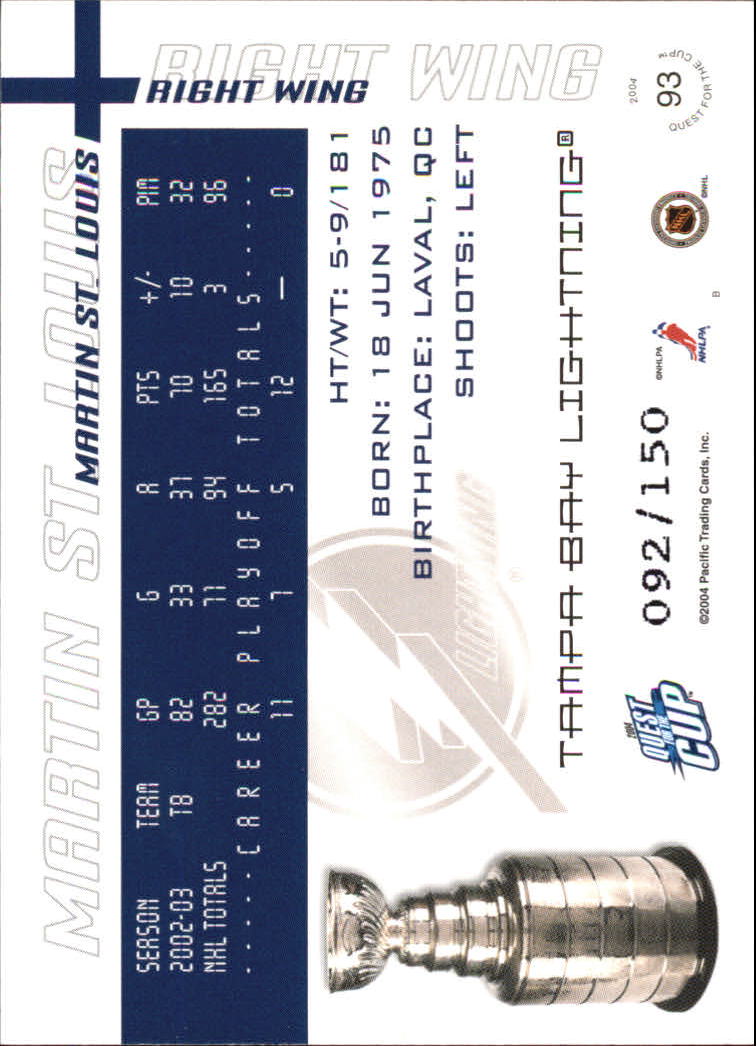 2003-04 Pacific Quest for the Cup Blue #93 Martin St. Louis back image