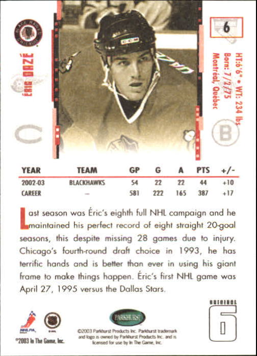 2003-04 Parkhurst Original Six Chicago #6 Eric Daze back image