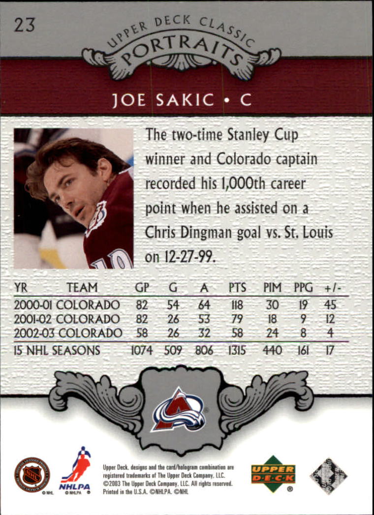 2003-04 Upper Deck Classic Portraits #23 Joe Sakic back image