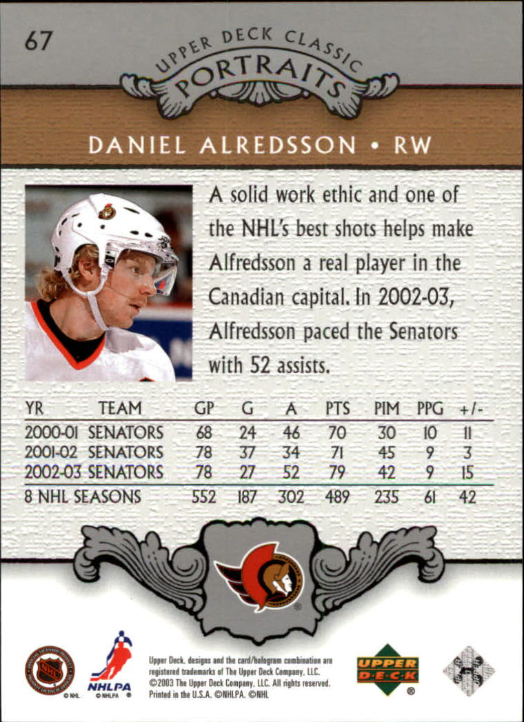 Daniel Alfredsson Signed 2003//04 Classic Portraits Card #67 Upper Deck Certified Hockey Slabbed Autographed Cards