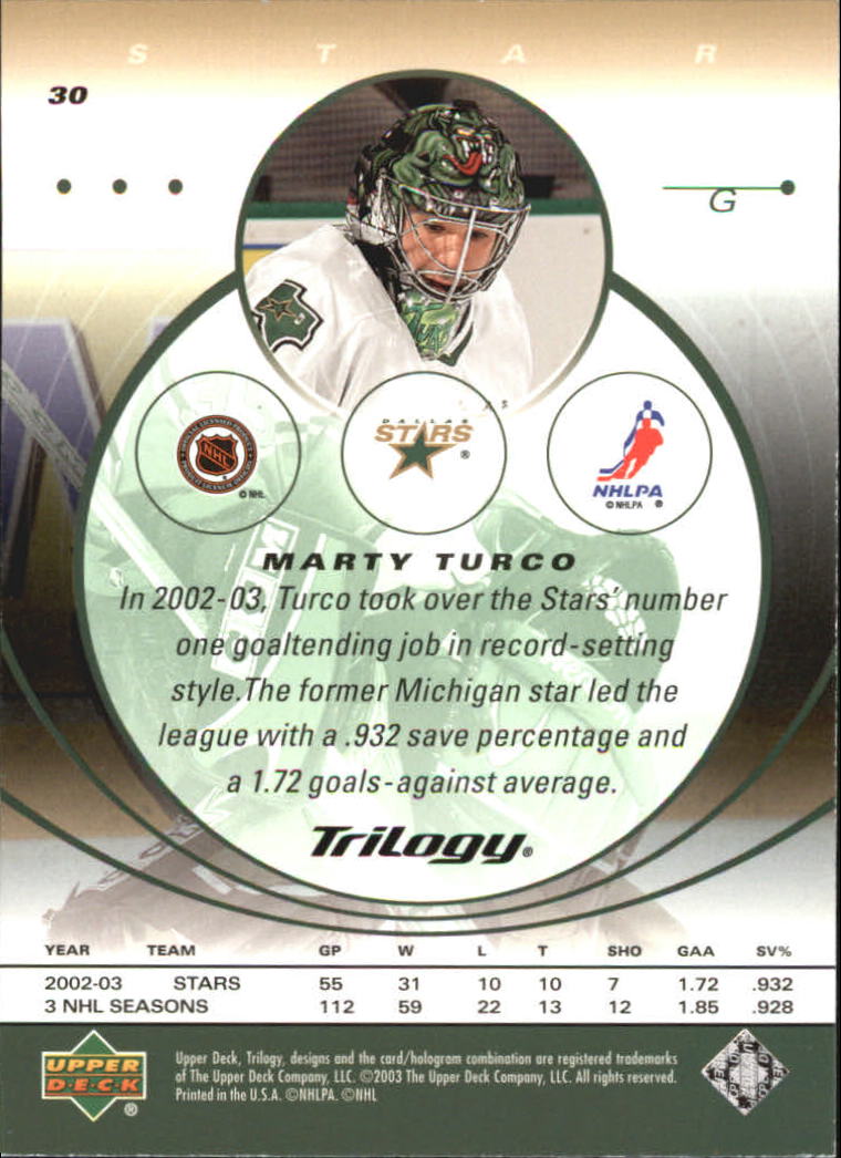 2003-04 Upper Deck Trilogy #30 Marty Turco back image