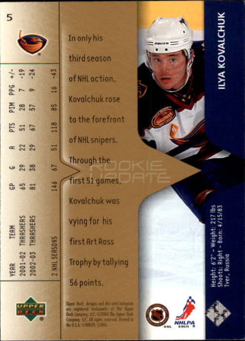 2003-04 Upper Deck Rookie Update #5 Ilya Kovalchuk back image