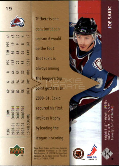 2003-04 Upper Deck Rookie Update #19 Joe Sakic back image