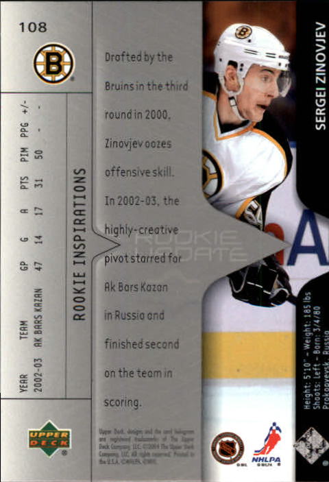 2003-04 Upper Deck Rookie Update #108 Sergei Zinovjev RC back image