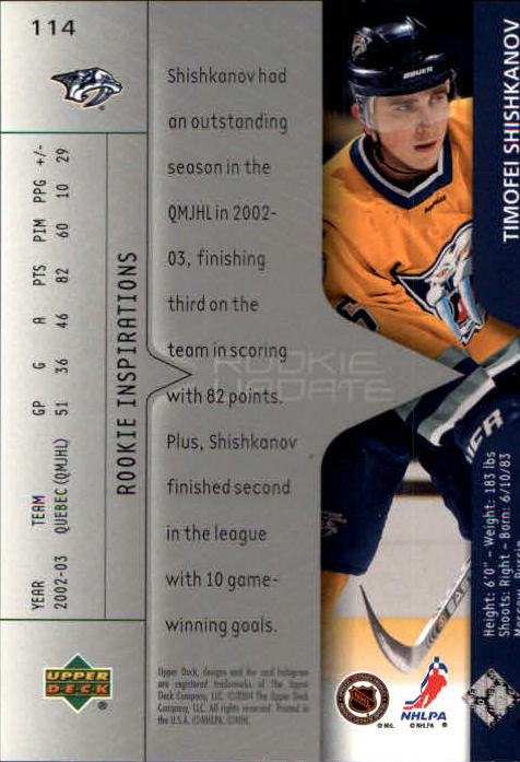 2003-04 Upper Deck Rookie Update #114 Timofei Shishkanov RC back image