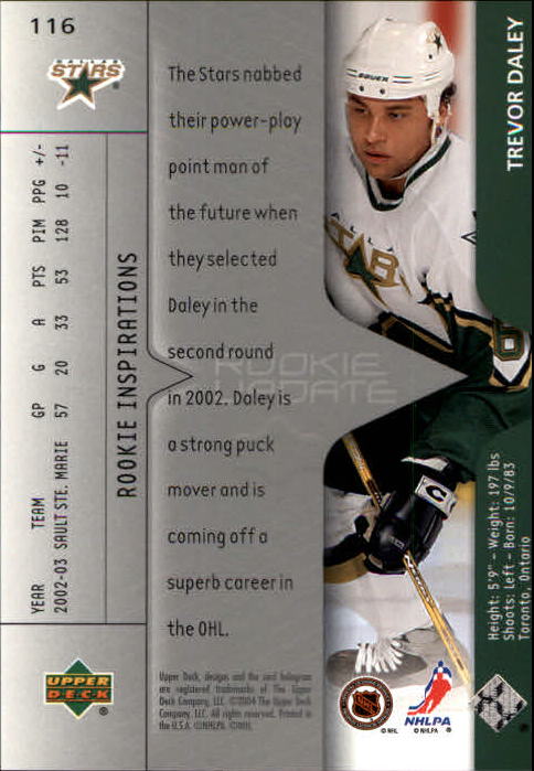 2003-04 Upper Deck Rookie Update #116 Trevor Daley RC back image