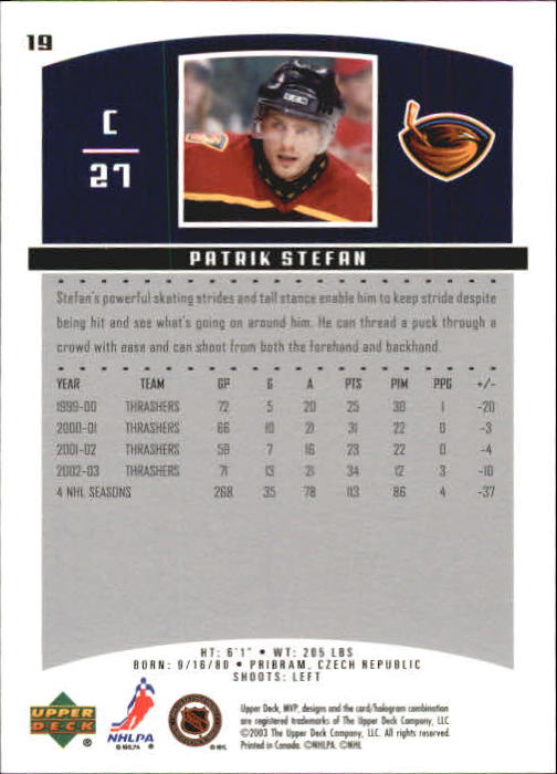 2003-04 Upper Deck MVP #19 Patrik Stefan back image