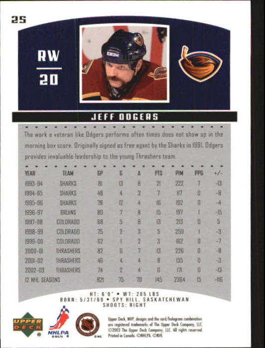 2003-04 Upper Deck MVP #25 Jeff Odgers back image