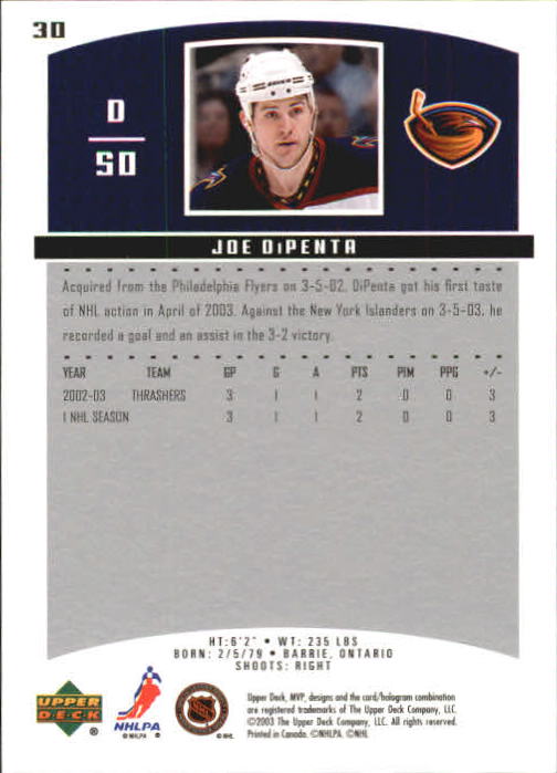 2003-04 Upper Deck MVP #30 Joe DiPenta RC back image