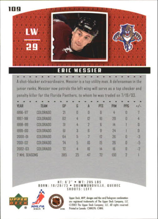 2003-04 Upper Deck MVP #109 Eric Messier back image
